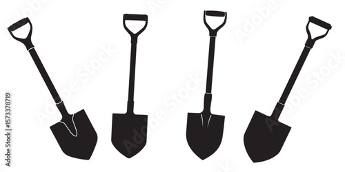 Four d handle shovel silhouettes isolated on white background