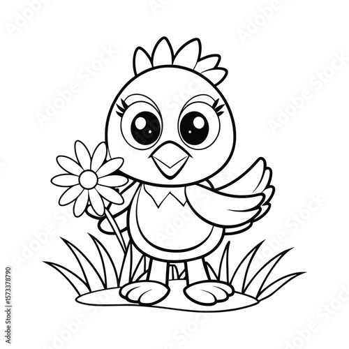 A chick holding a daisy flower in beak for kids coloring book vector illustration.