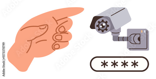 Hand gesture near surveillance camera and password input privacy, surveillance, data security. Ideal for cybersecurity, privacy, technology, control, monitoring compliance vigilance themes. Simple