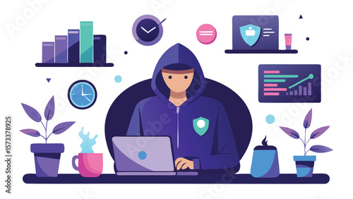 Illustration of a hooded figure working on a laptop surrounded by office and security elements