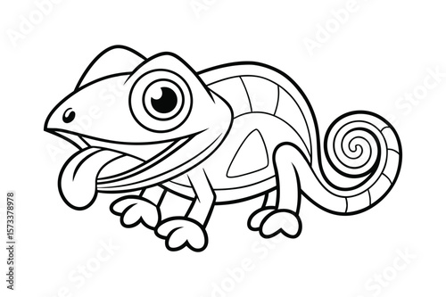 A cute chameleon sticking out tongue playfully for kids coloring book vector illustration.