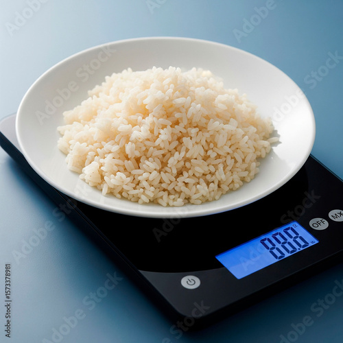 Plate of Rice on a Digital Kitchen Scale for Portion Control photo