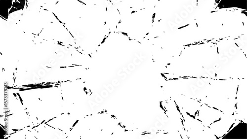 Crack effect collage of broken glass on white background. Transparent cracked black glass texture. Collection of cracks of broken glass on black background. Concept of shots on the window for design.