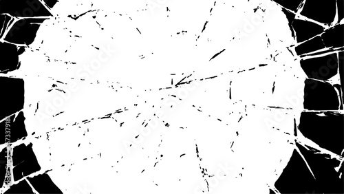 Crack effect collage of broken glass on white background. Transparent cracked black glass texture. Collection of cracks of broken glass on black background. Concept of shots on the window for design.