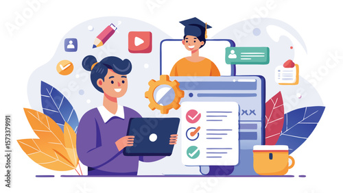 Woman using a laptop with a student on a screen and a checklist interface for online education concept