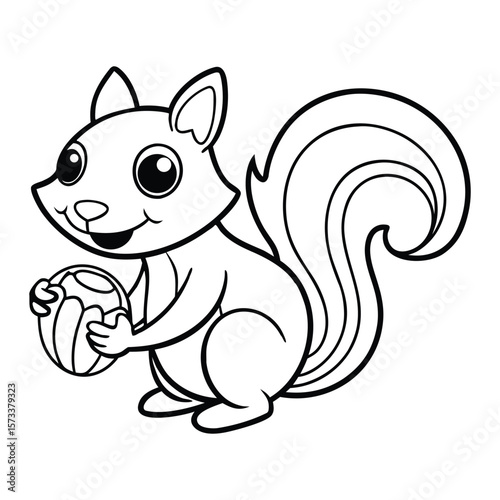 A friendly squirrel holding a large acorn for kids coloring book vector illustration.