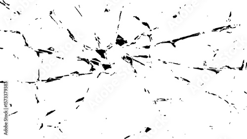 Crack effect collage of broken glass on white background. Transparent cracked black glass texture. Collection of cracks of broken glass on black background. Concept of shots on the window for design.