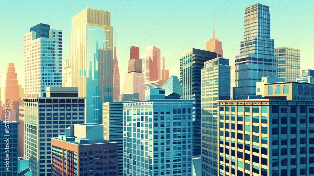 Obraz premium Modern vector illustration of urban city architecture with office buildings and skyscrapers