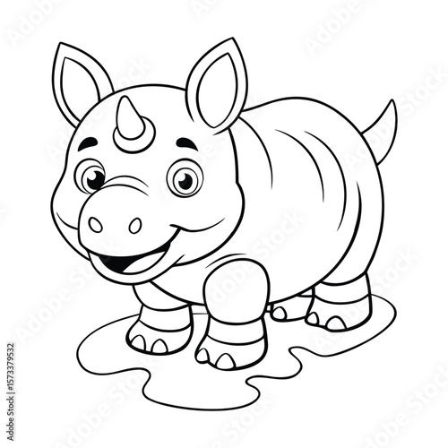 A happy baby rhinoceros stomping puddle for kids coloring book vector illustration.