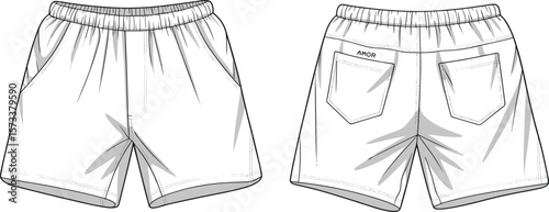 Front and Back View of White Shorts with Grey Waistband, Flap Pockets, AMOR Design, Summer Casual Wear, Stylish Apparel, Fashion Illustration