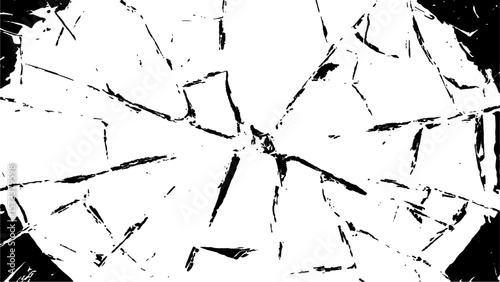 Crack effect collage of broken glass on white background. Transparent cracked black glass texture. Collection of cracks of broken glass on black background. Concept of shots on the window for design.