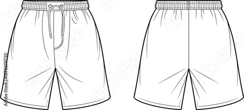 Men’s athletic shorts illustration, vector front and back view, drawstring design, sportswear concept, casual fashion, elastic waistband, fitness style
