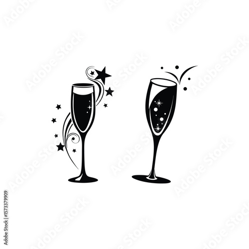 Two elegant champagne glasses with sparkling bubbles and decorative stars