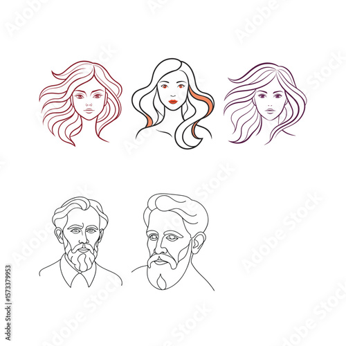 Stylized line art portraits of women and bearded men in minimalist style