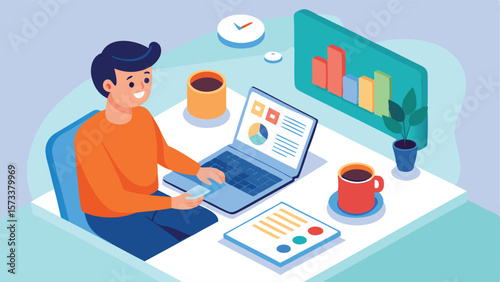 Illustration of a man working at a desk with a laptop, coffee, and data visualization on screen