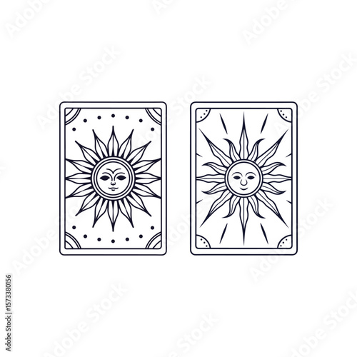 Two stylized sun tarot cards with faces and radiating lines in a minimalist line art style