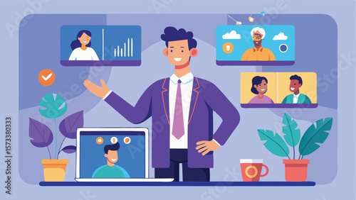Man presenting to diverse group of people on video conference call on laptop screen and display boards