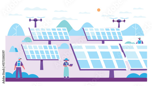 Solar panel farm with workers and drones inspecting the panels for efficiency and maintenance work