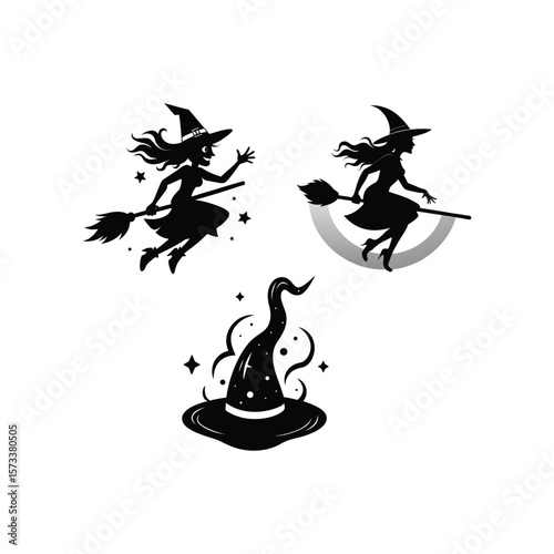 Three halloween witch silhouettes flying on broomsticks and a magical hat