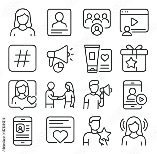 Influencer marketing icons collection, social media promotion and engagement toolkit