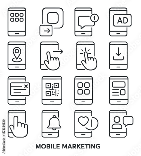 Mobile marketing icon collection, app promotion symbols. smartphone advertising set
