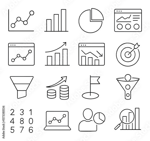 Data analytics collection, analysis icons set. business and insights symbols design