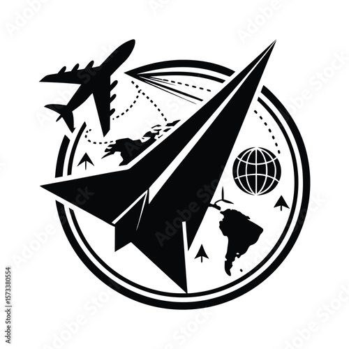 Global travel concept with airplane and paper airplane symbolizing journeys around the world