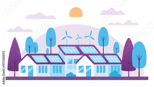 Illustration of houses with solar panels and windmills in a landscape with trees and clouds at daytime