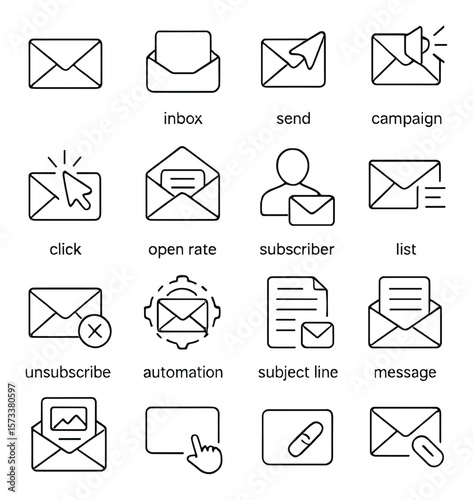 Email campaign icon collection, inbox and messaging set. communication and marketing symbols