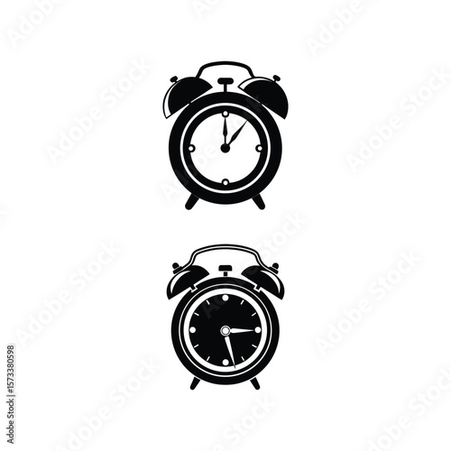 Two black silhouette alarm clocks with bells on a white background