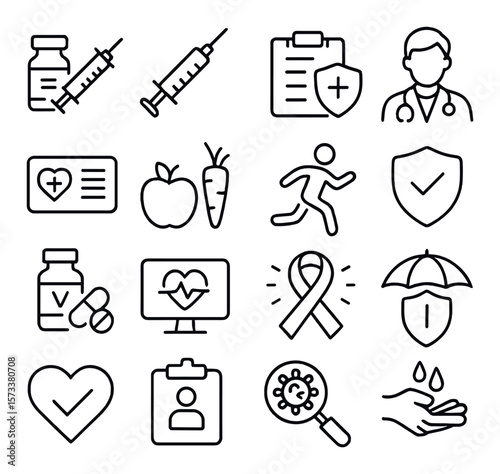 Preventive care collection, wellness and health symbols. medical and protection icons set