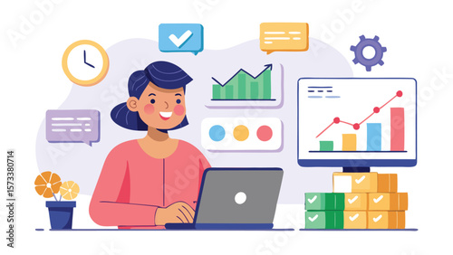 Woman working on laptop with data charts and task boxes in a bright and modern office setting online