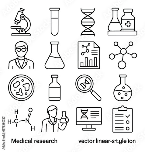 Medical research icon collection, science and healthcare symbols. laboratory design set