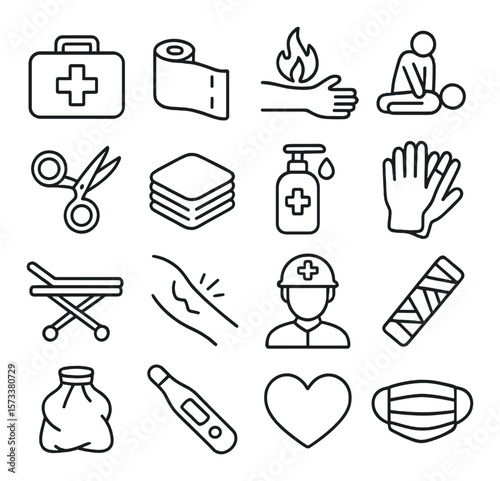 First aid essentials collection, emergency and safety icons. medical and health care symbols