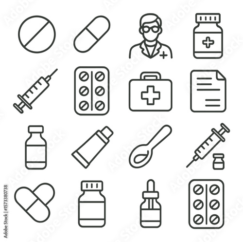 Pharmaceutical icon collection, medicine and healthcare symbols. drug and pharmacy set