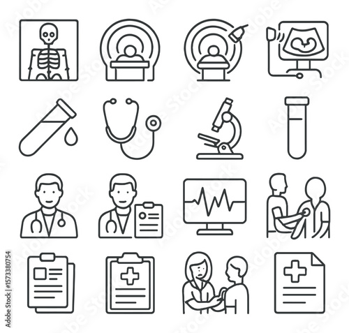 Diagnostic medical icon collection, health symbols. clinical testing and screening set