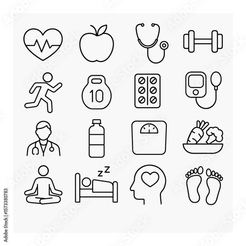 Wellness icons collection, health and fitness symbols. simple lifestyle and wellbeing set