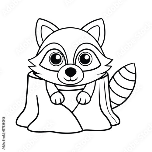 A tiny raccoon peeking behind tree stump for kids coloring book vector illustration.