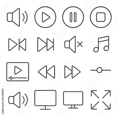Media control icons collection, playback and sound controls set. audio and video interface symbols