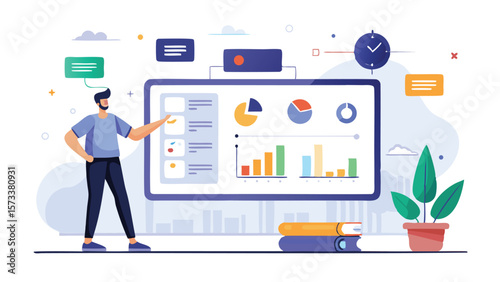 Man presenting data on a large screen with charts, graphs, and a plant on the side is shown here