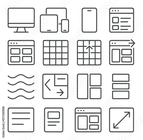 Responsive design icon collection, adaptable interface set. digital layout symbols