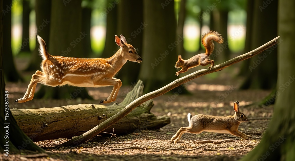 Obraz premium Wildlife photography of deer squirrel and hare running in forest nature animals forest wildlife photography