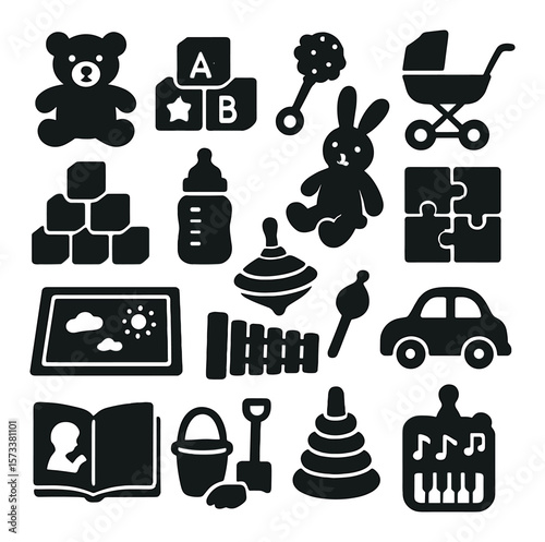 Playful toy icons collection, fun baby and child symbols. nursery and kids play set