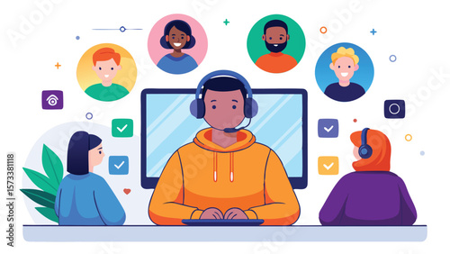 Illustration of a virtual meeting with diverse participants and a central support agent online
