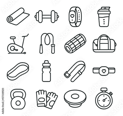 Fitness equipment collection, workout gear symbols. training and gym essentials set