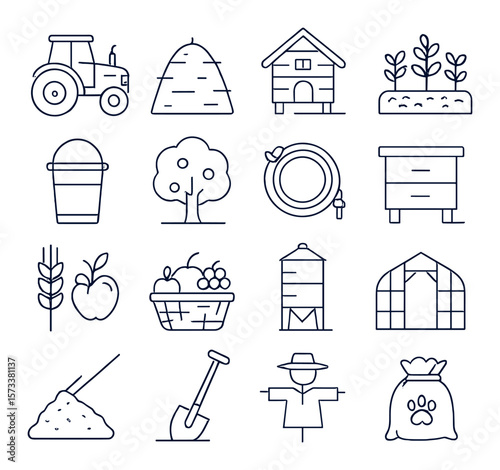 Farm icon collection, agriculture and farming symbols. rural and harvest design set