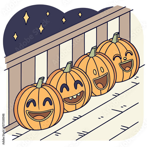 Four halloween pumpkins with different carved faces lined up on a porch under a starry night sky scene