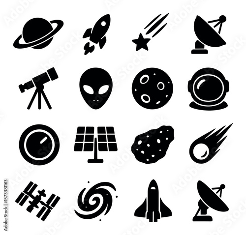 Space icon collection, cosmic design elements. astronomy and galaxy exploration set
