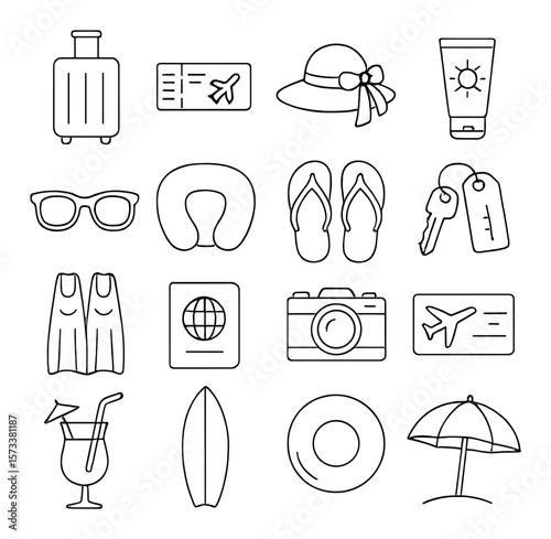 Travel essentials icon collection, journey symbols. vacation and holiday planning set