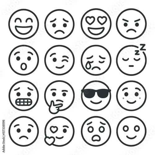 Emoji collection, emoticon icon set. expressive faces and mood symbols for apps